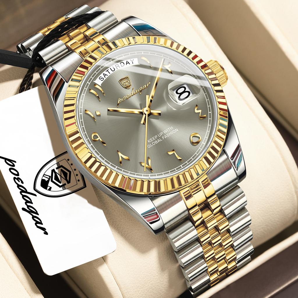 POEDAGAR Fashion High Quality Men Clock Waterproof Date Week Watch for Man Stainless Steel Luxury Quartz Watches + Box