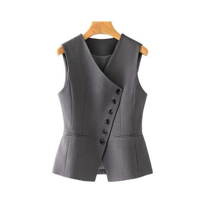 Gilet Grigio Primavera Donna Slim Fit Gilet Senza Maniche Corto Elegante Top da Tailleur