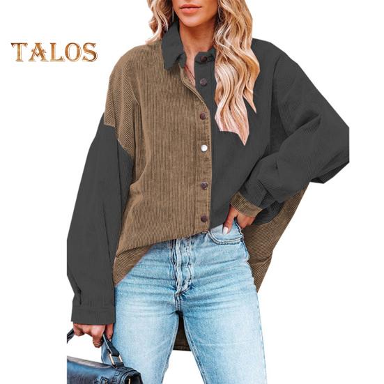 Women Corduroy Coat Lapel Long Sleeve Loose Fit Color Block Design Jacket Coat Single Breasted Casual Shirt Coat