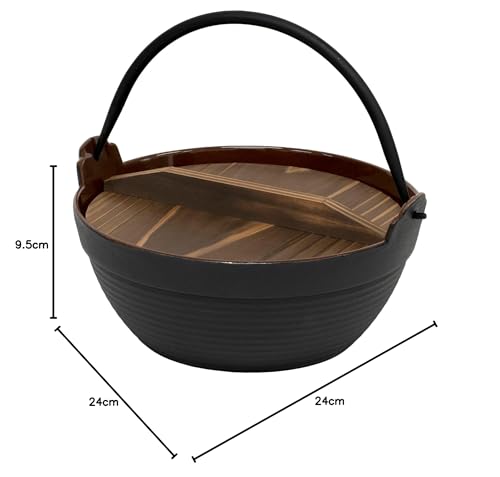 Ikenaga Iron Works IK Electric Cookware Specialty Deep Pot, 24cm (Brown Enamel Interior), Cast Iron with Natural Wood Lid, Made In China, QHK3024