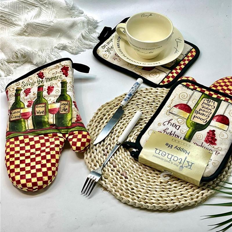 2Pcs/set Vintage Colorful Printed Cotton Heat Resistant Table Placemat With Oven Mitts Baking Glove Kitchen Tool