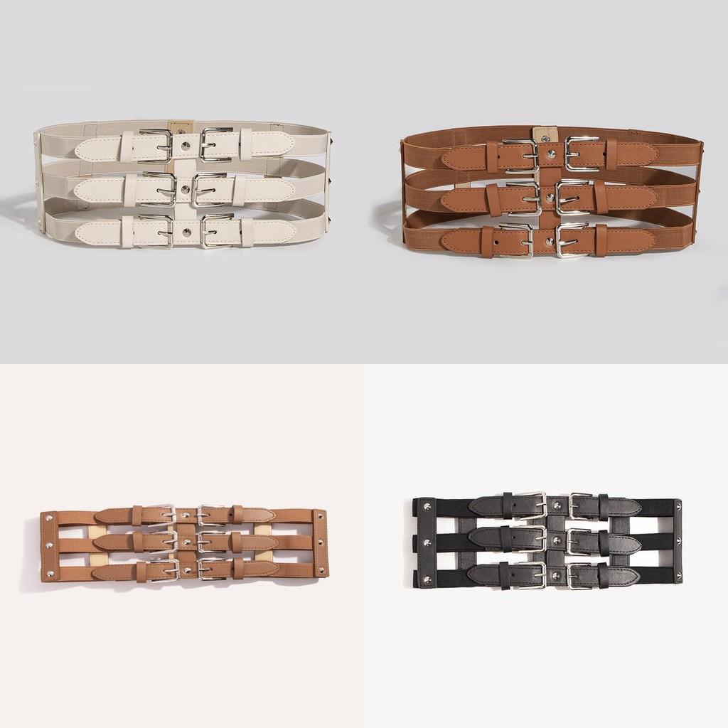 Dark Fashion Punk Waist Belt With Threerow Buckles For Edgy Urban Look