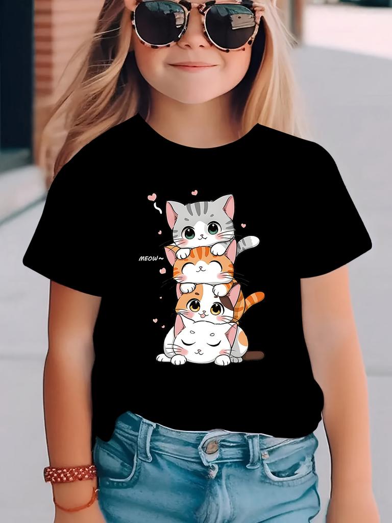 Summer Fashion Girls Short Sleeve T-Shirt Cute Kitten Cartoon Print Casual Top