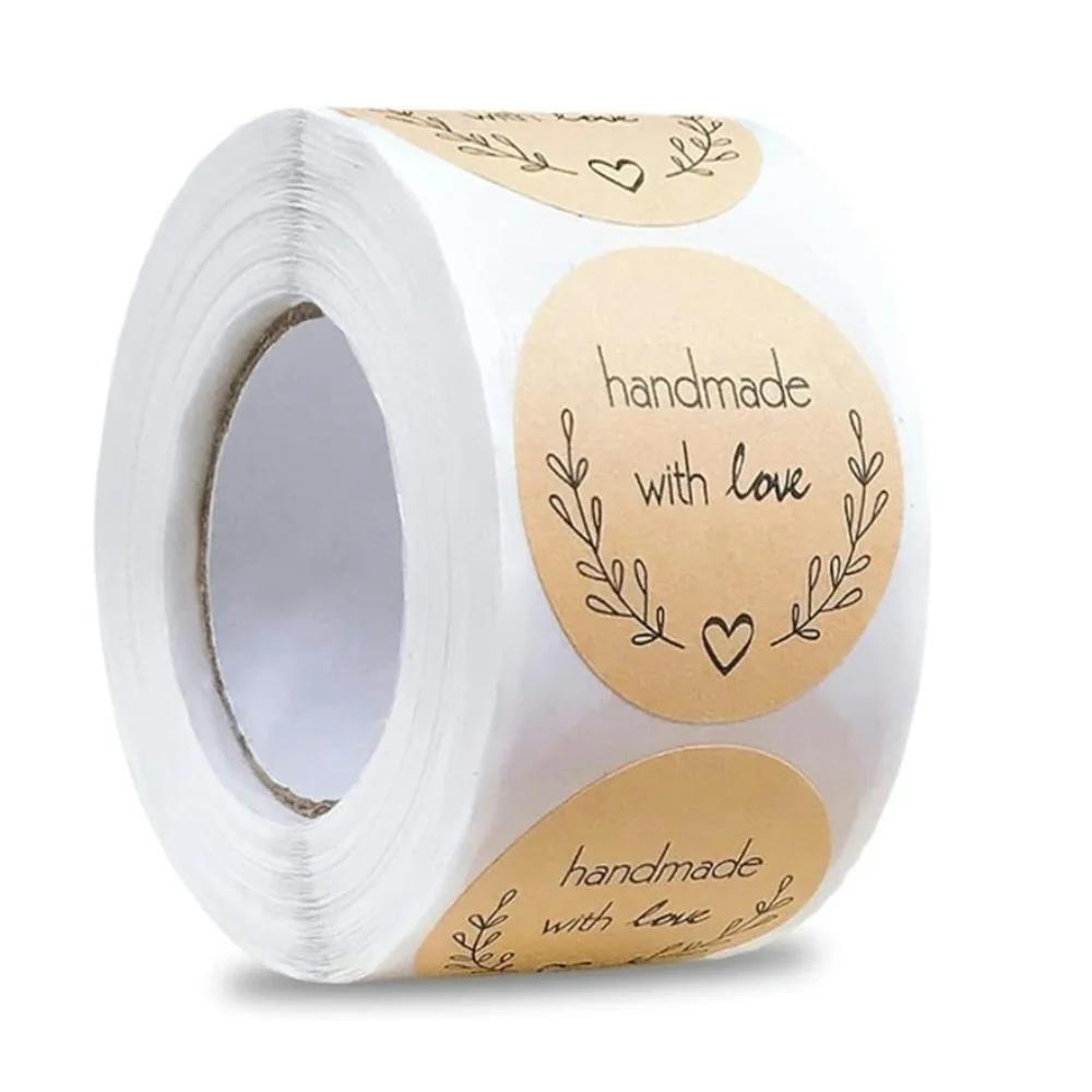 500pcs Handmade with Love Stickers Vintage Kraft Paper Sticker Stationery Label Baking Kraft Paper Stickers Scrapbook Gift Label