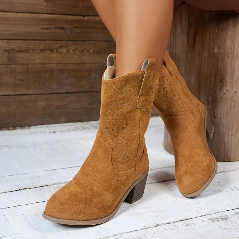 Women Mid-calf Boots V-mouth Design Fashion Boots Retro Embroidered Western Cowboy Boot Women Thick Heel Casual Boot Botas Mujer