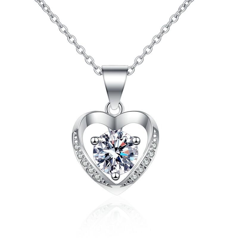 Sterling Heart Pendant Necklace With Moissanite Stone Minimalist Chic Jewelry Women Adjustable Chain 21-50cm