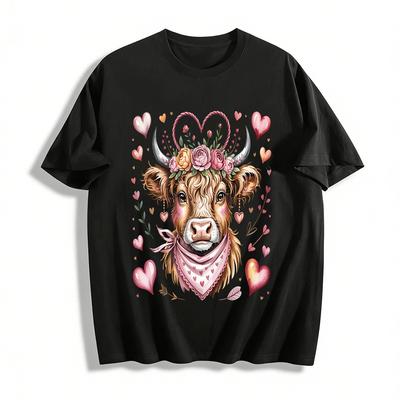Valentine Highland Cow Print Casual Top Pure Cotton T-shirt