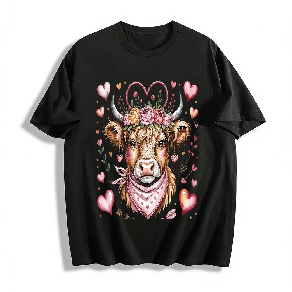 Valentine Highland Cow Print Casual Top Pure cotton T-shirt XXS