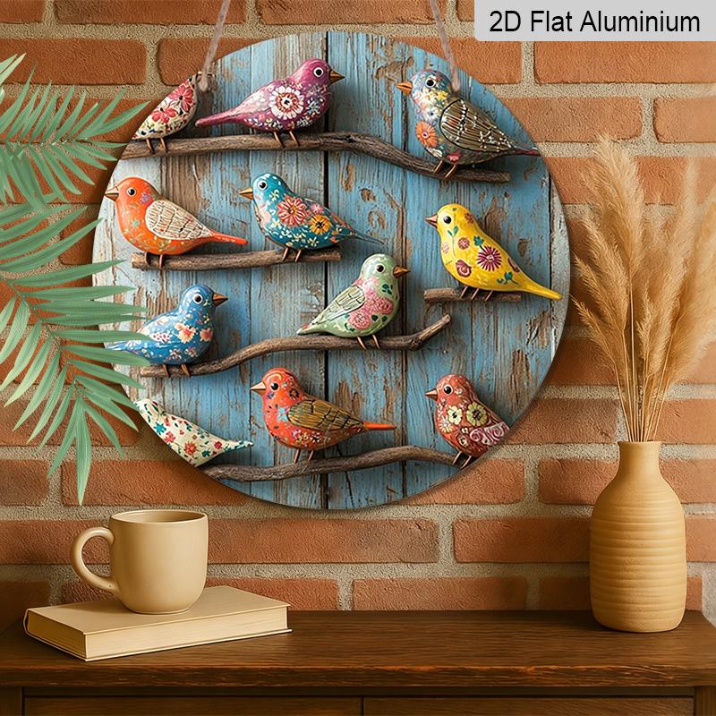 Plano 2D, 1 pieza Redondo de Aluminio Colorido Pájaro de Arte Popular Señal, Vintage Floral Pintado Pájaro Placa de Metal, Impermeable y a Prueba de Óxido, Perfecto para Casa de Campo