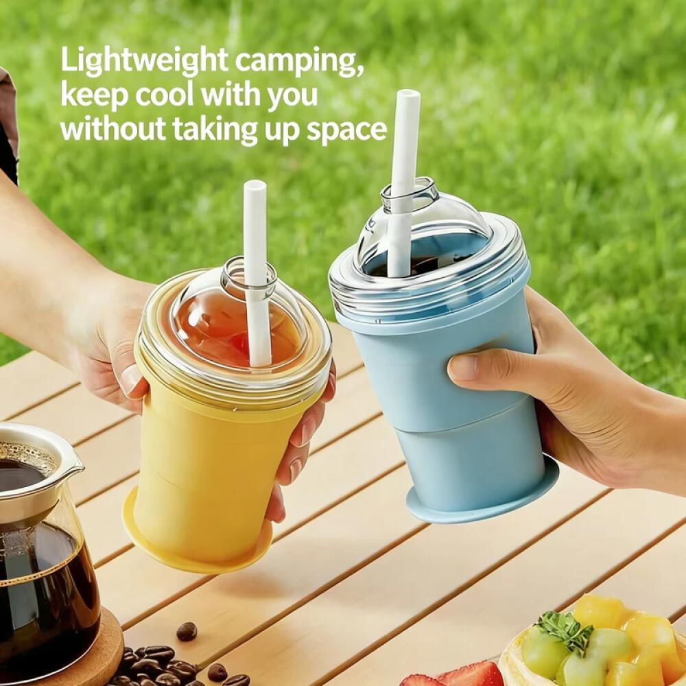 2 In 1 Foldable Silicone Ice Ball Maker Drinking Cup Build-in Straw Ice Ball Mold Travel Mug Portable for Juice &Cocktails Summer Kitchen Tools