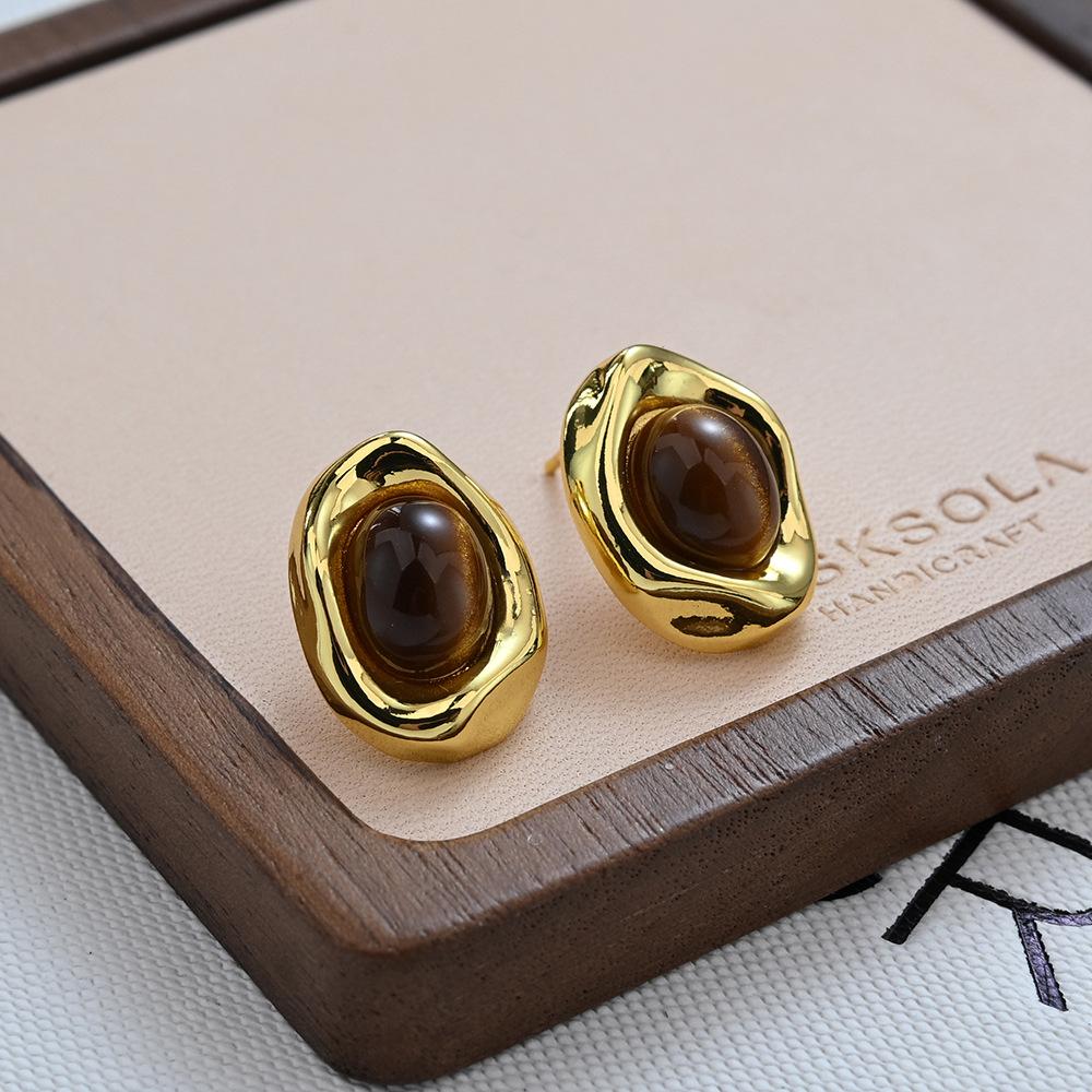Vintage Maillard Tiger'S Eye Stone Irregular Oval Stud Earrings Women'S Niche Design Temperament Earrings Ear Jewelry