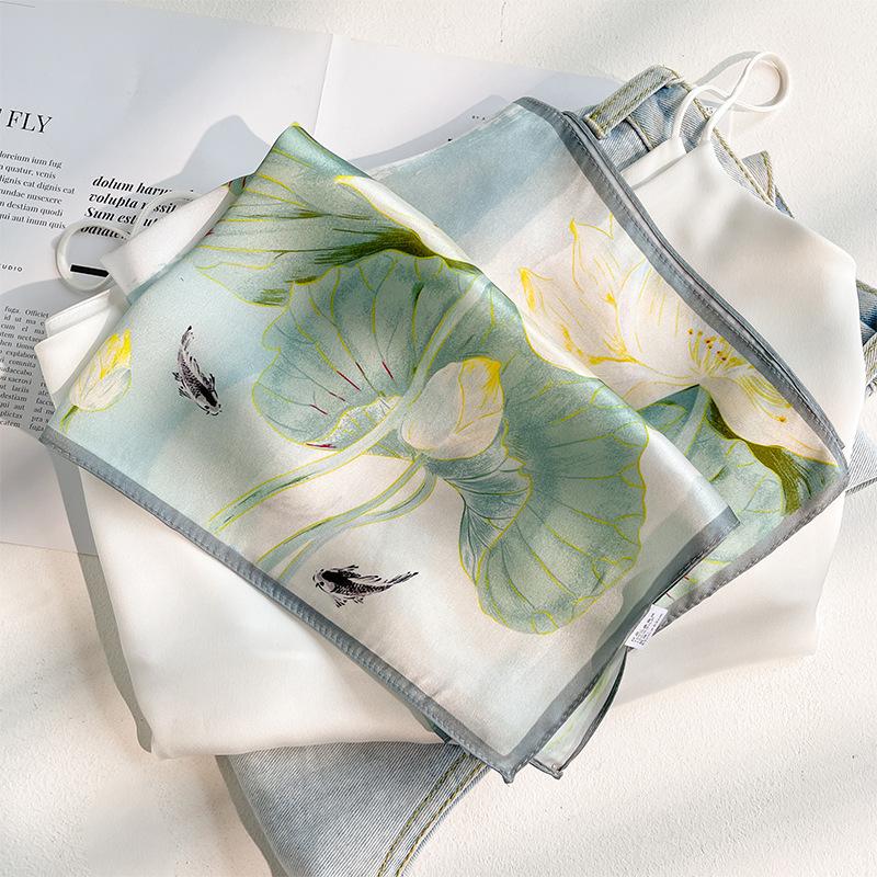 Hangzhou silk spring and summer decorative plain crepe satin silk silk scarf female 53cm lotus ink painting scarf small square scarf