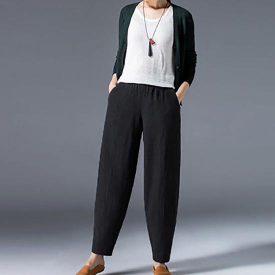 Ladies Long Pants with Pockets Solid Color Elastic Waist Wide Leg Ninth Pants Casual Wear Temperament Women Fashion Loose Linen Trousers Commuter Wear