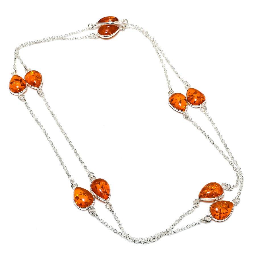 Natural Amber Gemstone Handmade 925 Sterling Silver Jewelry Necklace 36" A8u95