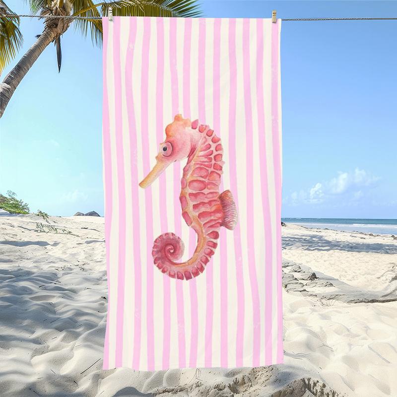 

A Large Thick Beach Towel Featuring a Sweet And Fresh Ocean Theme with a Pink And White Striped Watercolor Seahorse Design W40*H60(CM)