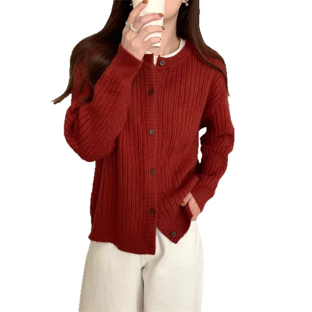 The New Autumn and Winter Style of The Striped Round-neck Sweater Coat Is A Loose and Versatile Short Knitted Cardigan with A Laid-back Vibe for Women