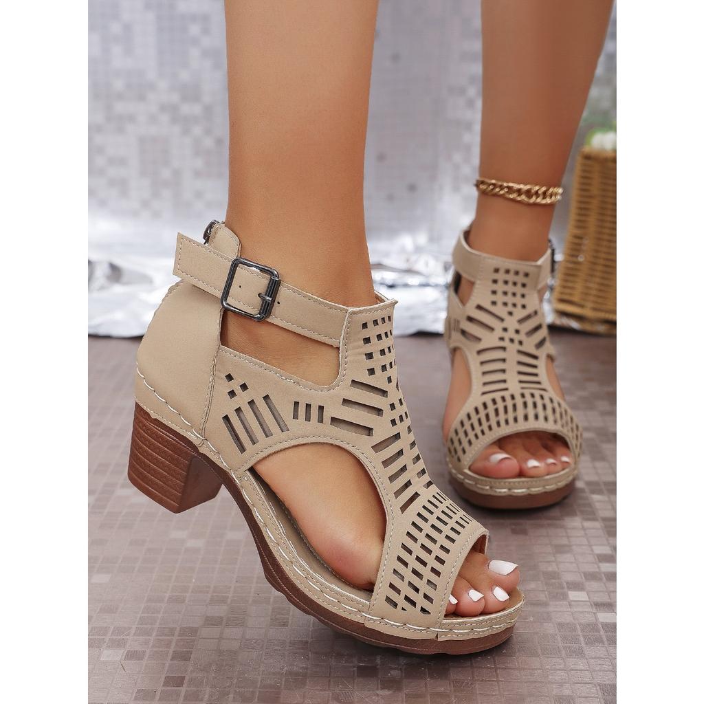 [Calzature Estive] Eleganti Sandali Neri con Zeppa per Donna - Open Toe su Plateau con Dettagli Dorati, Copertura Sintetica, Comfort Estivo, Facile Chiusura a Zip