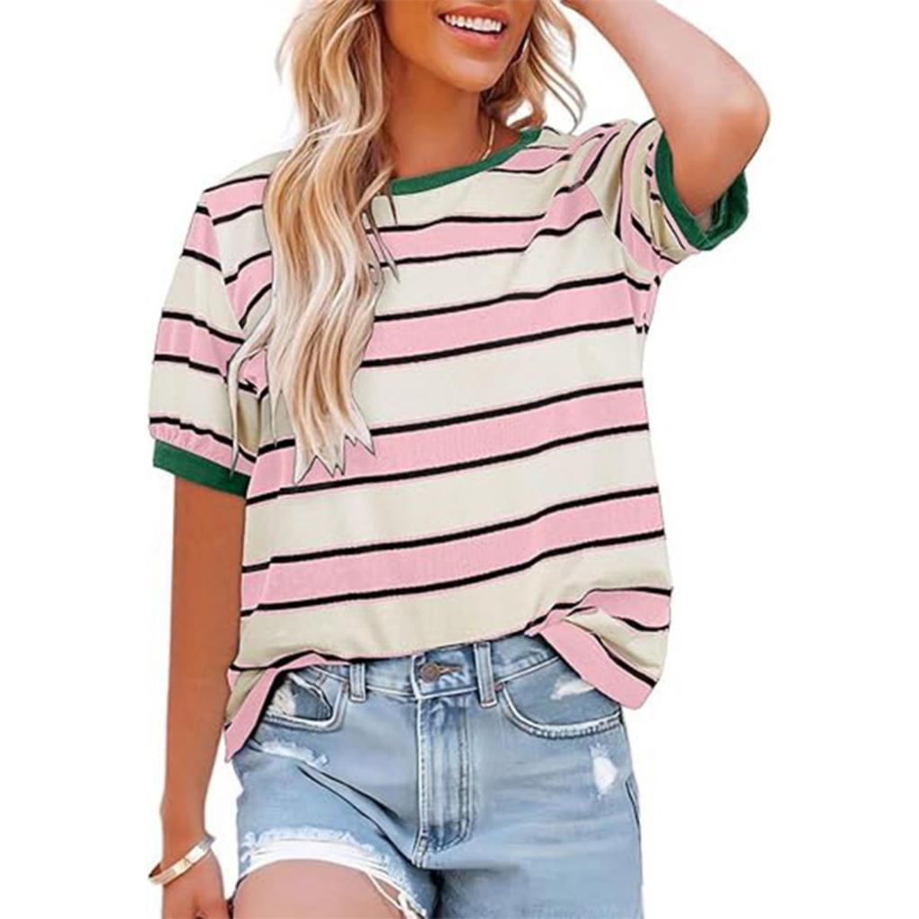 New Striped Casual Loose Crew Neck T-Shirt for Women, Trendy European American Style Women's Top