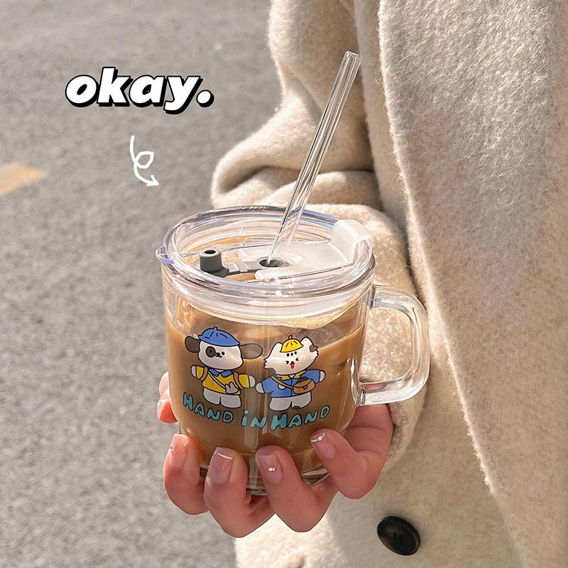 400 ml Kawaii Glas Wasser Flasche Nette Kaffeetasse Tumbler Tragbare Milch Blase Tee Bier Saft Tasse Mit Deckel Stroh drink Geschenk