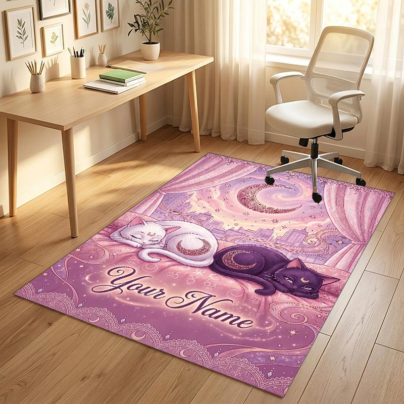 Moonlit Cat Theme Soft Crystal Velvet Rug Custom Name & Text Print Non Slip Floor Rug for Bedroom Living Room