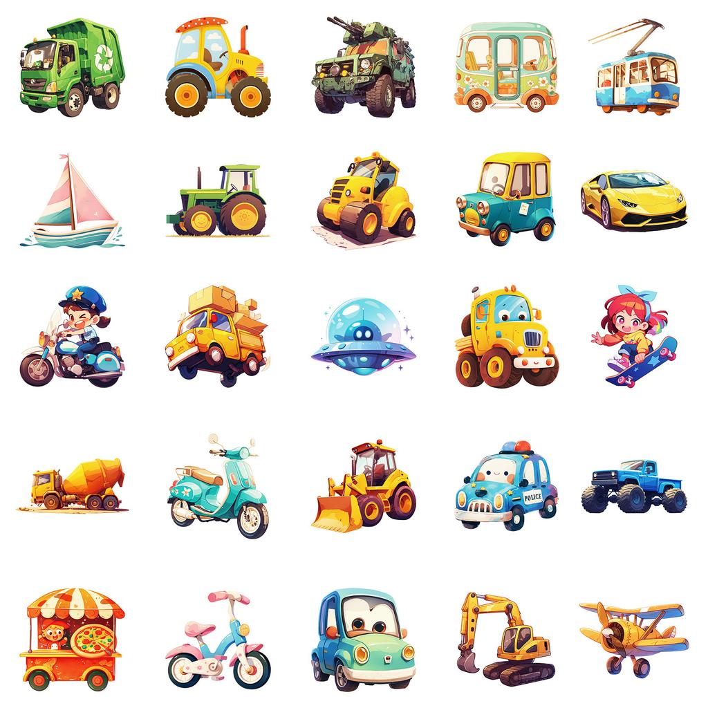 50 New Animation Vehicle Series Stickers Cartoon Truck Excavator Decorative Suitcase Children's Stickers