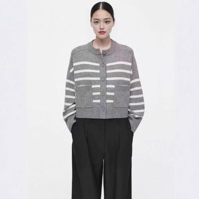 Crew Neck Contrasting Striped Knitted Cardigan Autumn and Winter New Casual Loose Short Sweater Jacket Women