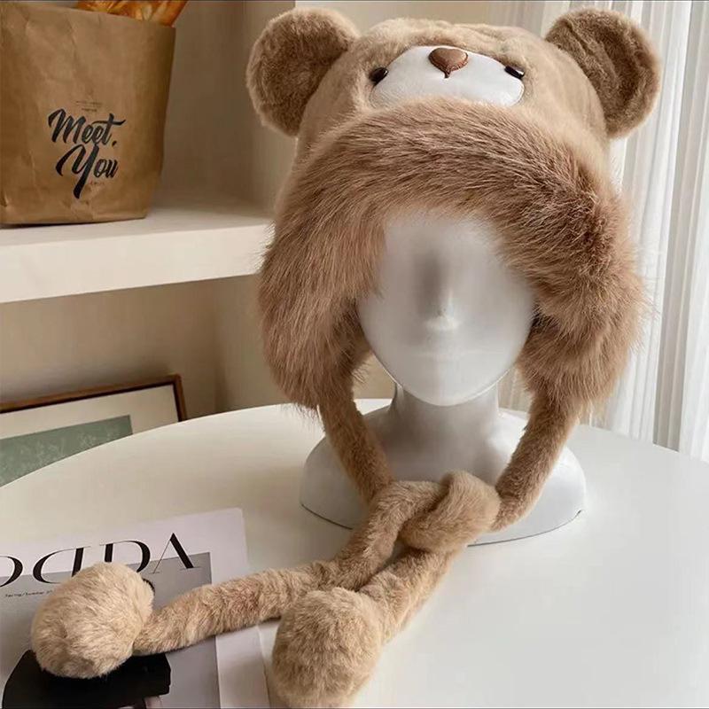 Cappello di Lana Carino con Orecchie d'Orso Giapponese per Donna in Autunno e Inverno Nuovo Caldo Cappello a Maglia che Mostra il Viso Protezione per Collo e Orecchie Cappello