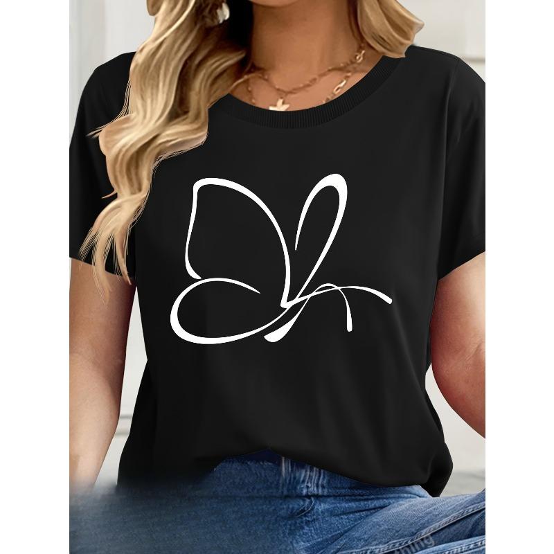 Europäische Größen Damen 100% Schmetterlingsprint Lässiges T-Shirt - Weiches Rundhals-Kurzarm-Oberteil, Maschinenwaschbar, Frühling/Sommer Alltags-Essential