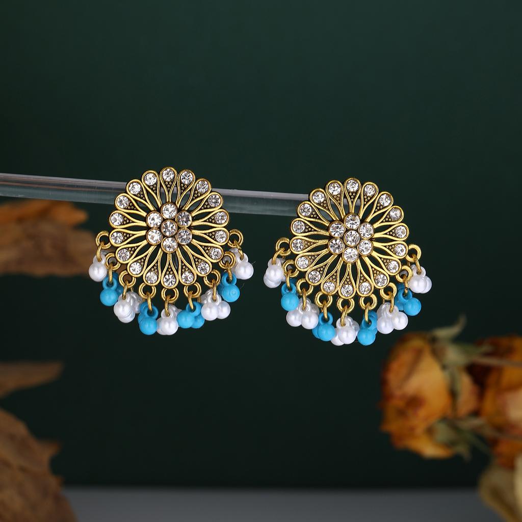 Vintage Ethnic Diamond-Set Flower Fringed Pearl Earrings Female Bohemian Travel Vacation Style Personalized Earrings Jewelry
