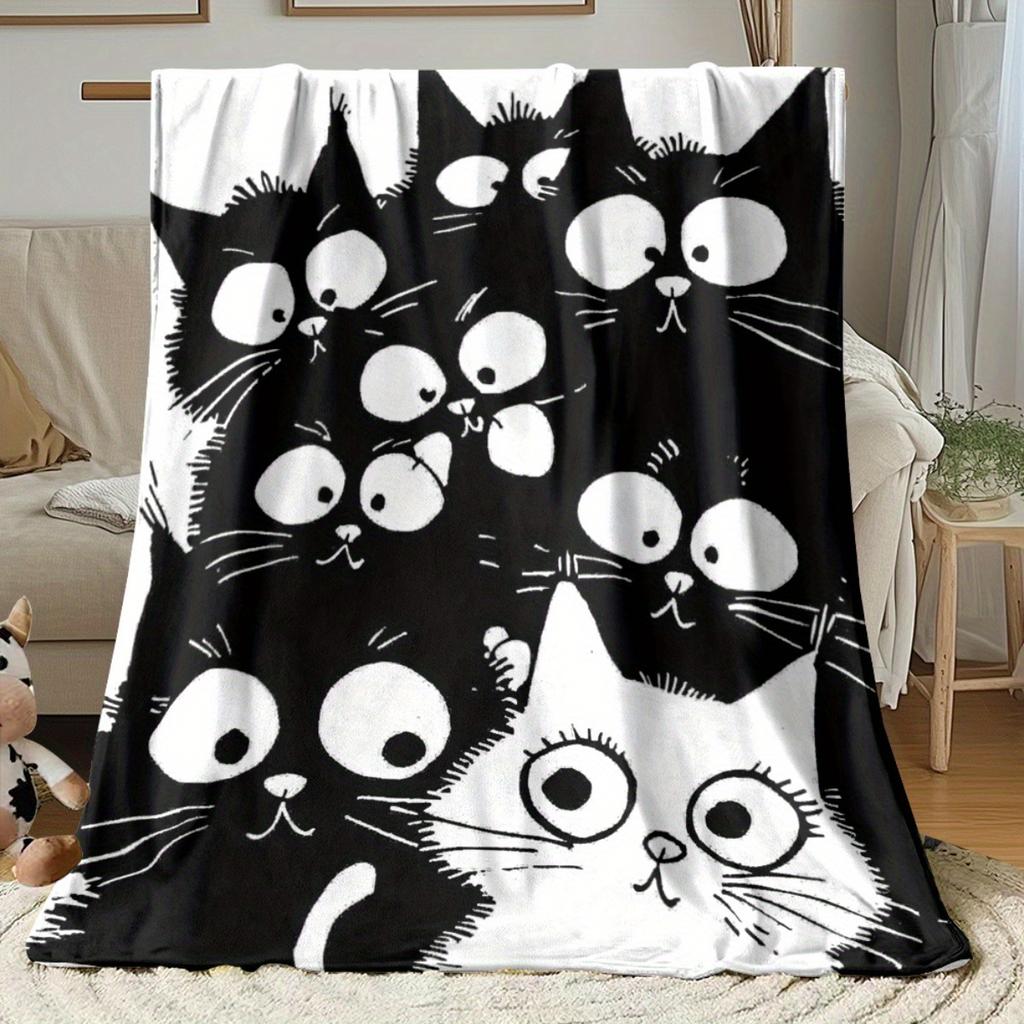 1pc Ultra-Soft Lightweight Flannel Blanket with Playful Black & White Cat Design - Cozy Warm All-Season Throw for Camping, Trave