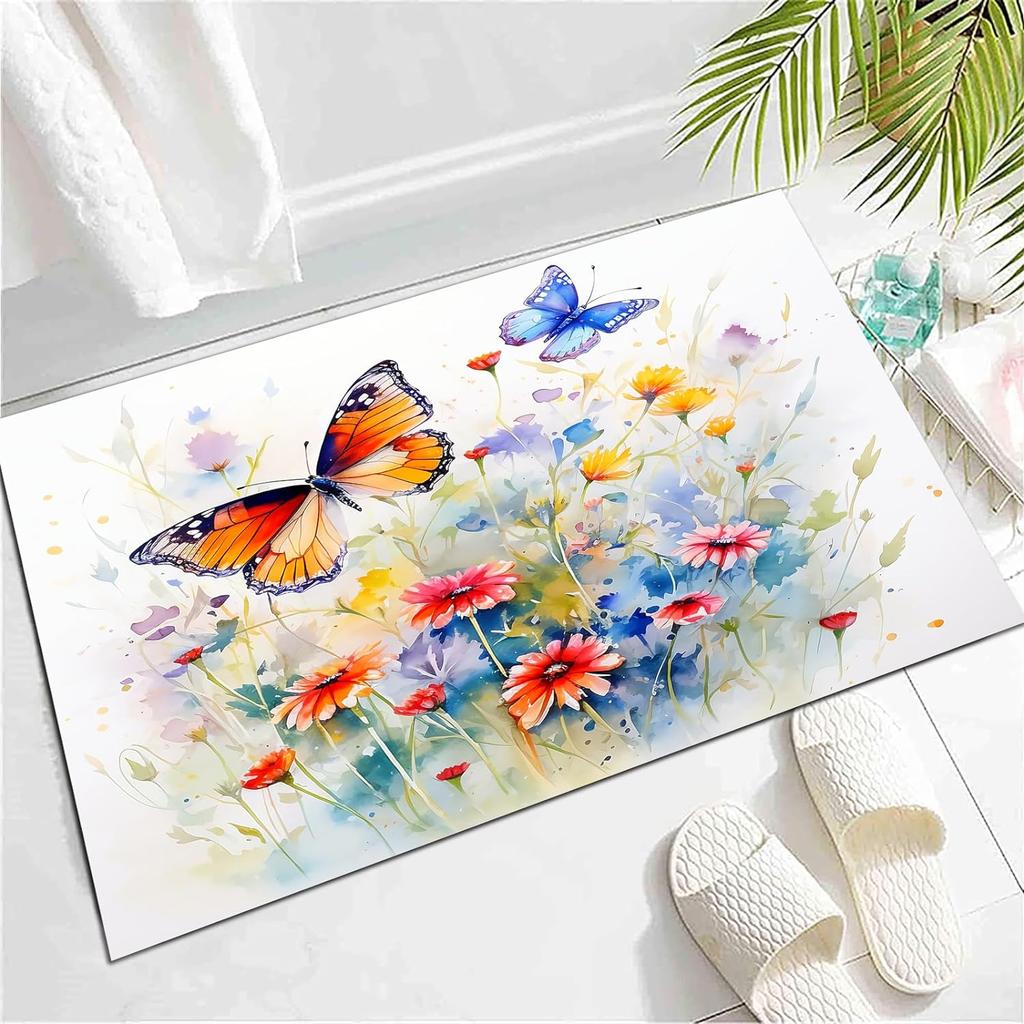 Wild Animal Butterfly Carpet Spring Garden Plant Floral Rug for Bedside Sofa, Botanical Flower Floor Mat Home Entrance Doormat