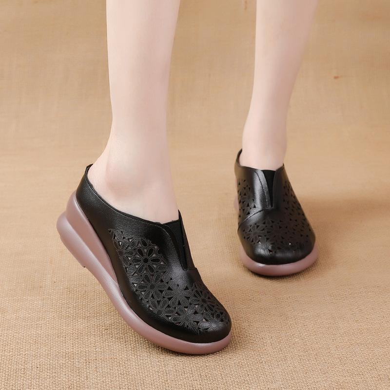 Top Layer Cowhide Sponge Sole Heightened Women's Shoes Casual Leather Hollow Women's Slippers Middle-aged Breathable and Comfortable Hole Shoes