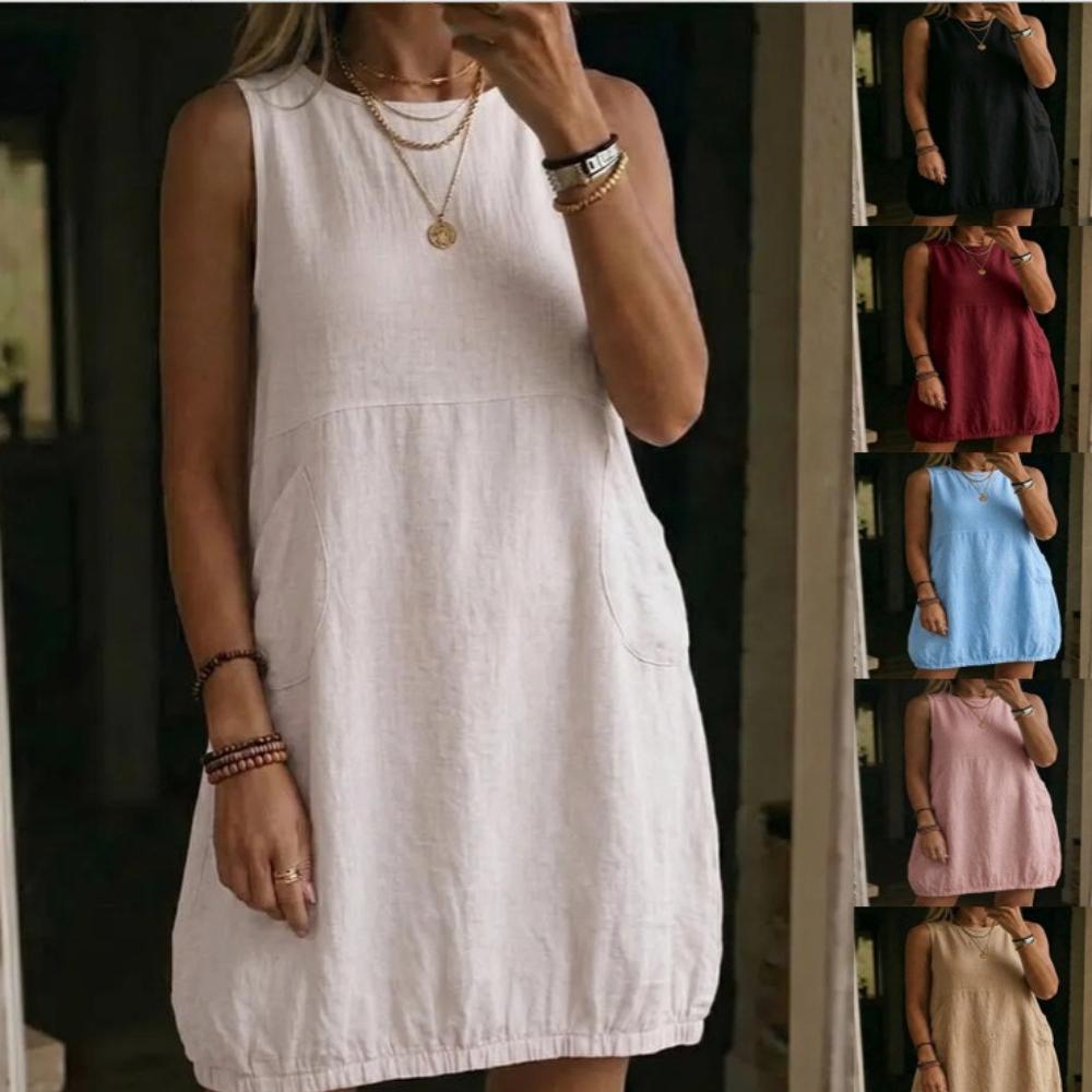 Women's Round Neck Sleeveless Side Pocket Solid Linen Loose Fit Casual Midi Dress