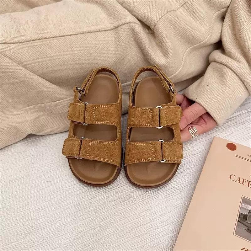 Retro matte leather brown British style beach shoes girl baby boy soft-soled sandals 2025 new summer shoes non-slip