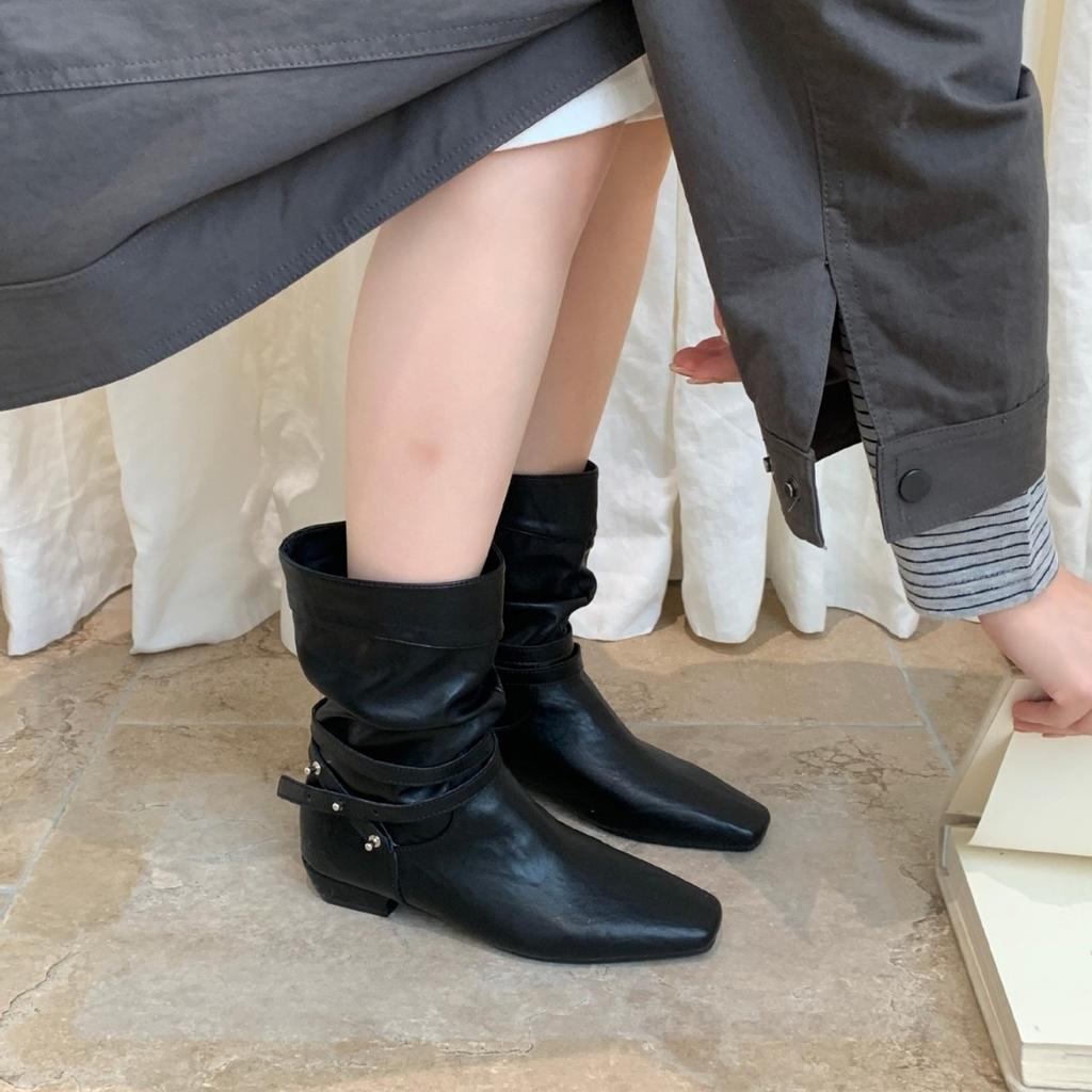 Autumn and winter new square head thick heel short heel temperament French fashion belt buckle medium boots black khaki coffee