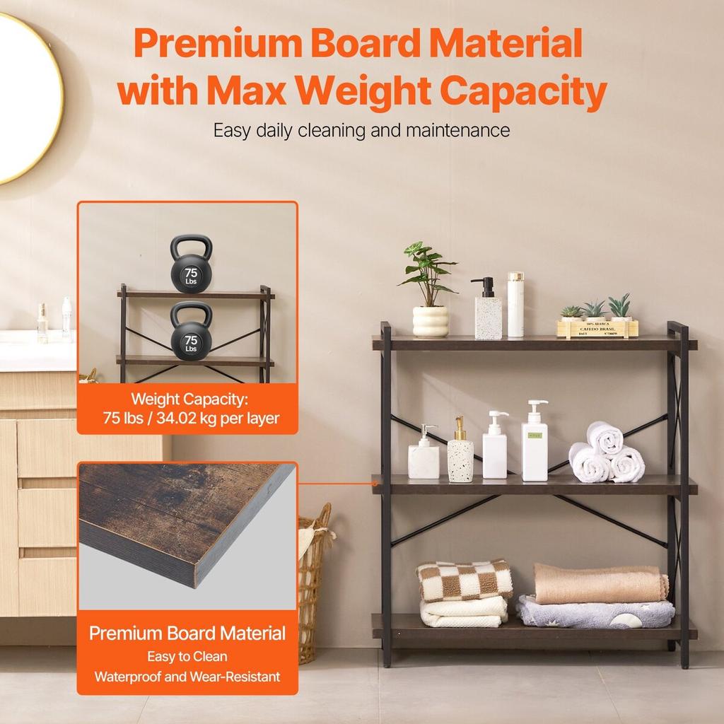 Metal Bookshelf Rustic Bookshelf 3-Tier for Living Room Bedroom & Office
