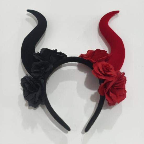 Gothic Red Black Flower Rose Headband Horn Hair Hoop Women Halloween Headband Party Costume Dress Up Carnival Hair Accessories