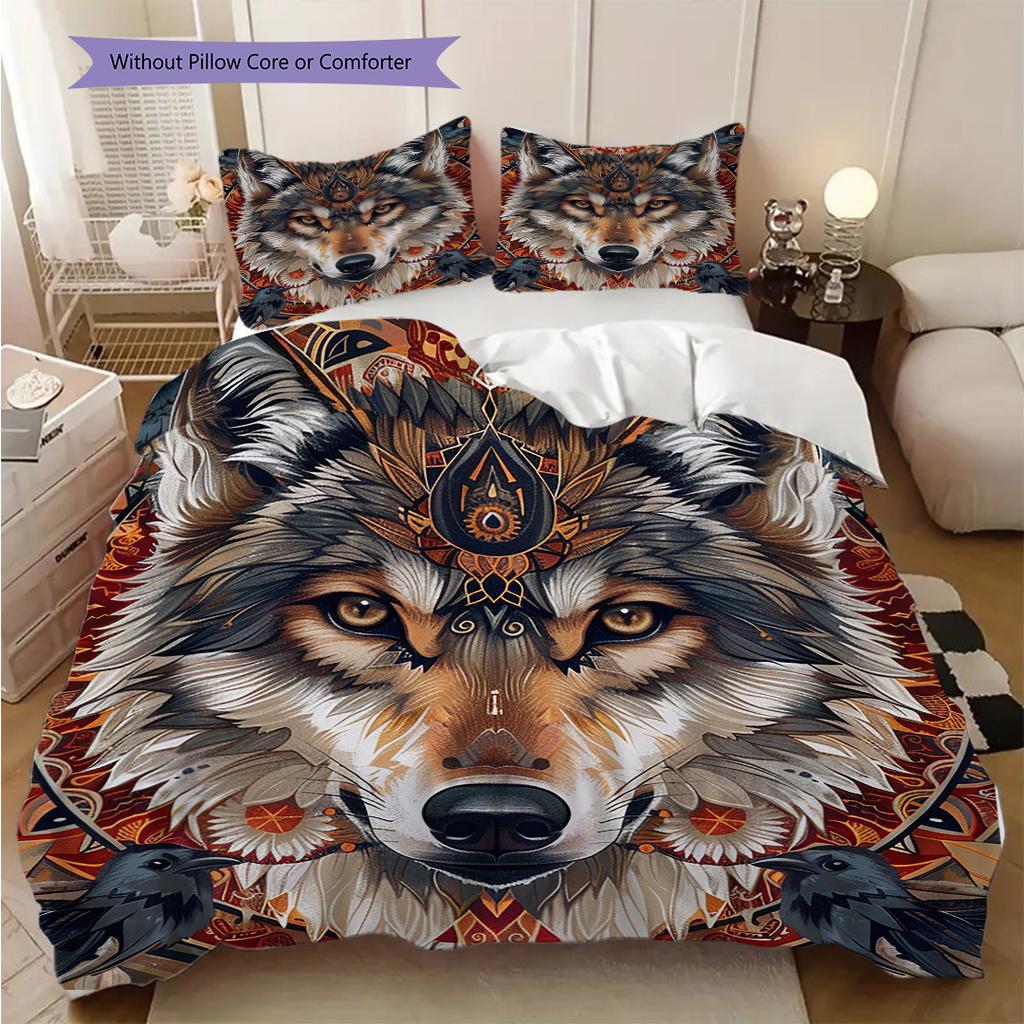 Primitive Wolf Pattern Bedding Quilt Set Quilt Cover Pillowcase Home Decoration Birthday Gift (1 * duvet cover + 2 * pillowcase, without core)