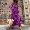 Women V Neck 3/4 Puff Sleeves Maxi Dress Bohemia Floral Print Stitching Flow Hem Loose Fit Beach Long Dress Casual Sundress