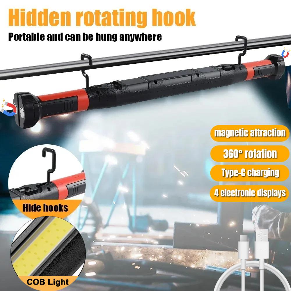 LED Magnetic Work Light Rechargeable Underhood Work Lamp with Hooks & Rotating Magnetic Base For Car Repairing Emergency