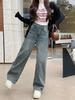 JINJUDUO Loose Fit Wide Leg Denim High Blue Size M Women's Pants, Waist, Stylish, Gray, Spring/Summer/Autumn,