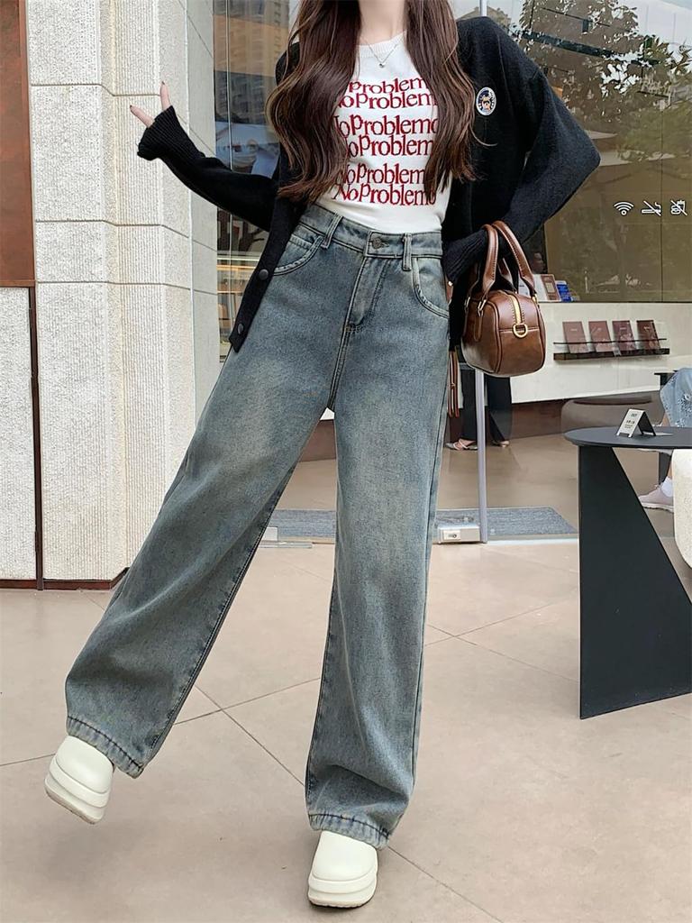JINJUDUO Loose Fit Wide Leg Denim High Blue Size M Women's Pants, Waist, Stylish, Gray, Spring/Summer/Autumn,