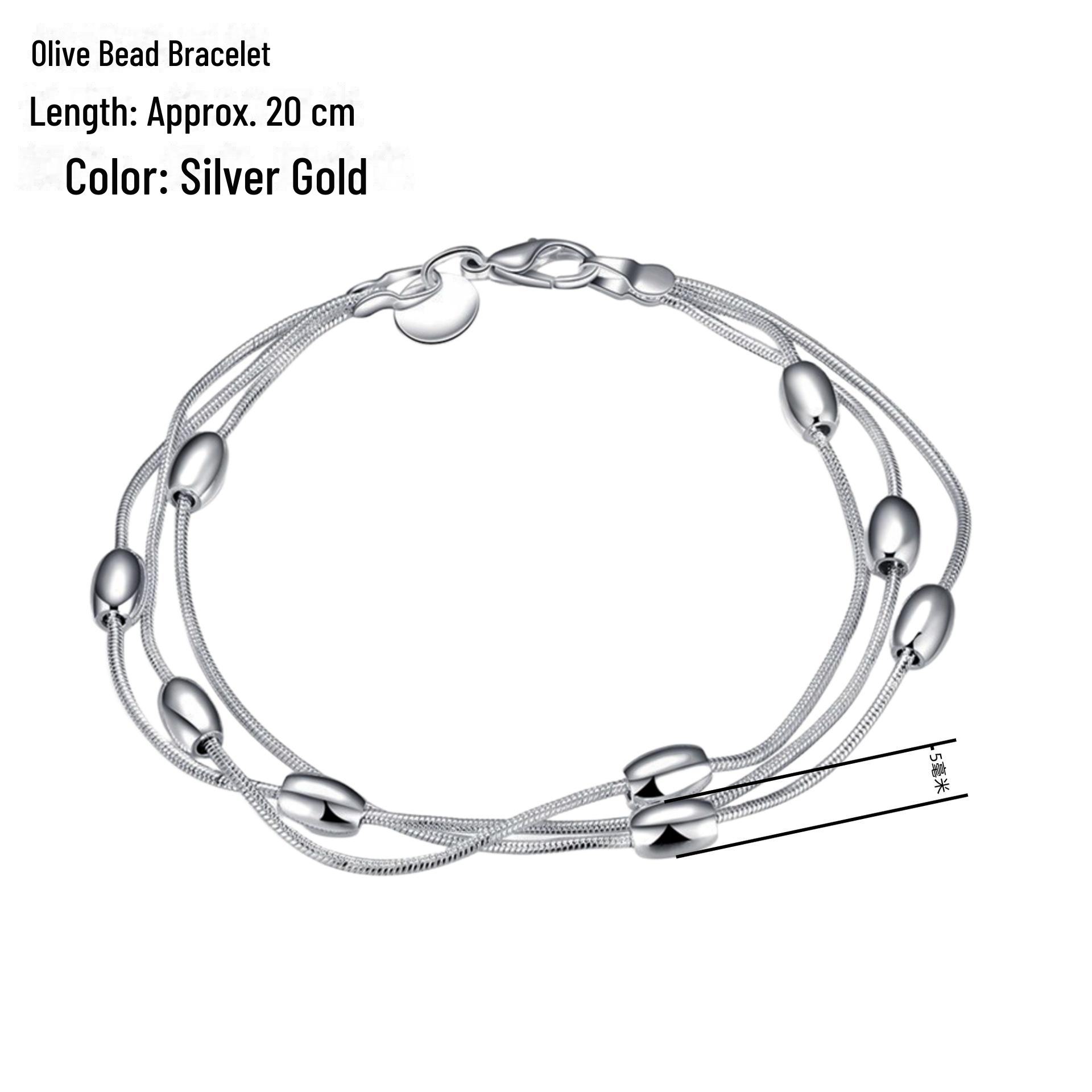 

Посеребренный трехрядный легкий браслет из бусин с оливковыми бусинами - европейская и американская бижутерия. olive beads bracelet серебряный