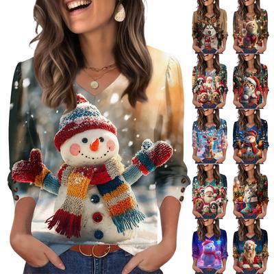 Women's Fashionable Casual Christmas Printed V-neck Top