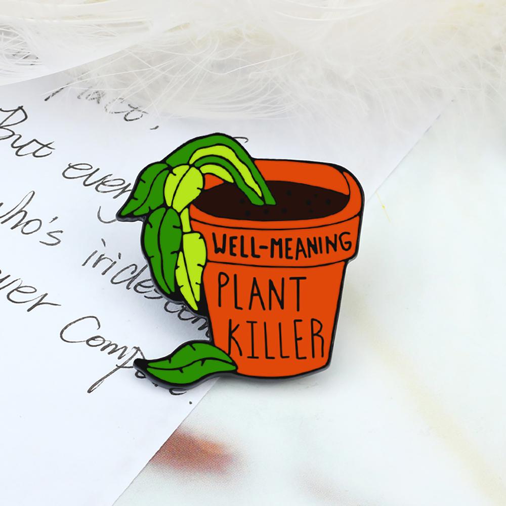 

Funny Plant Killer Enamel Pins Cartoon Wilted Potted Plants Brooches Cute Backpack Lapel Pin Badge Jewelry Gift for Kids Friends