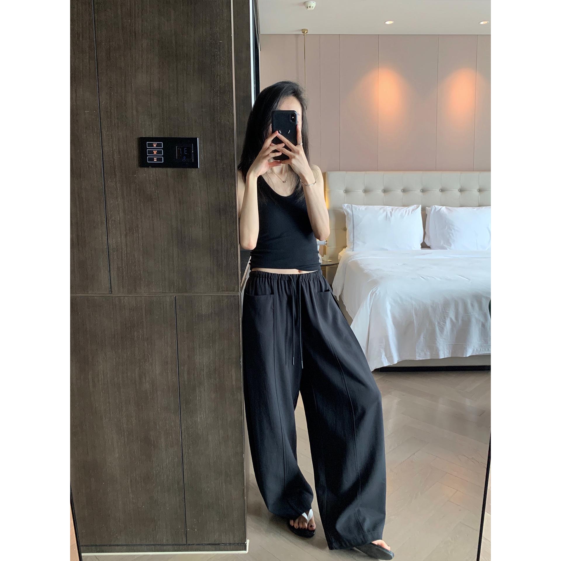 Women s Linen Cotton Casual Pants - 2026 Summer Elastic Waist Drawstring Long Straight Leg S чёрный