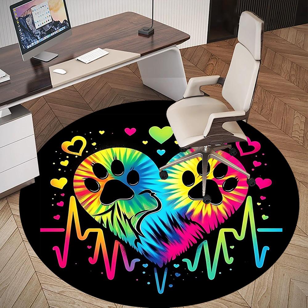 1pc Paw Print Heart Round Chair Mat Office Area Rug - Non-Slip, Floor Mat for Office, Bedroom, and Indoor Decor P127135