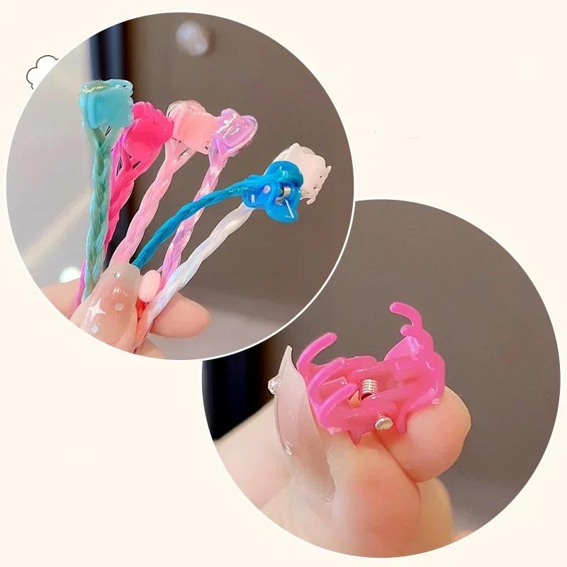 6pcs Kids Girl Candy Color Wig Braid Hair Claw Princes Cute Butterfly Bow Heart Style Hair Clip Children Haid Styling Headwear