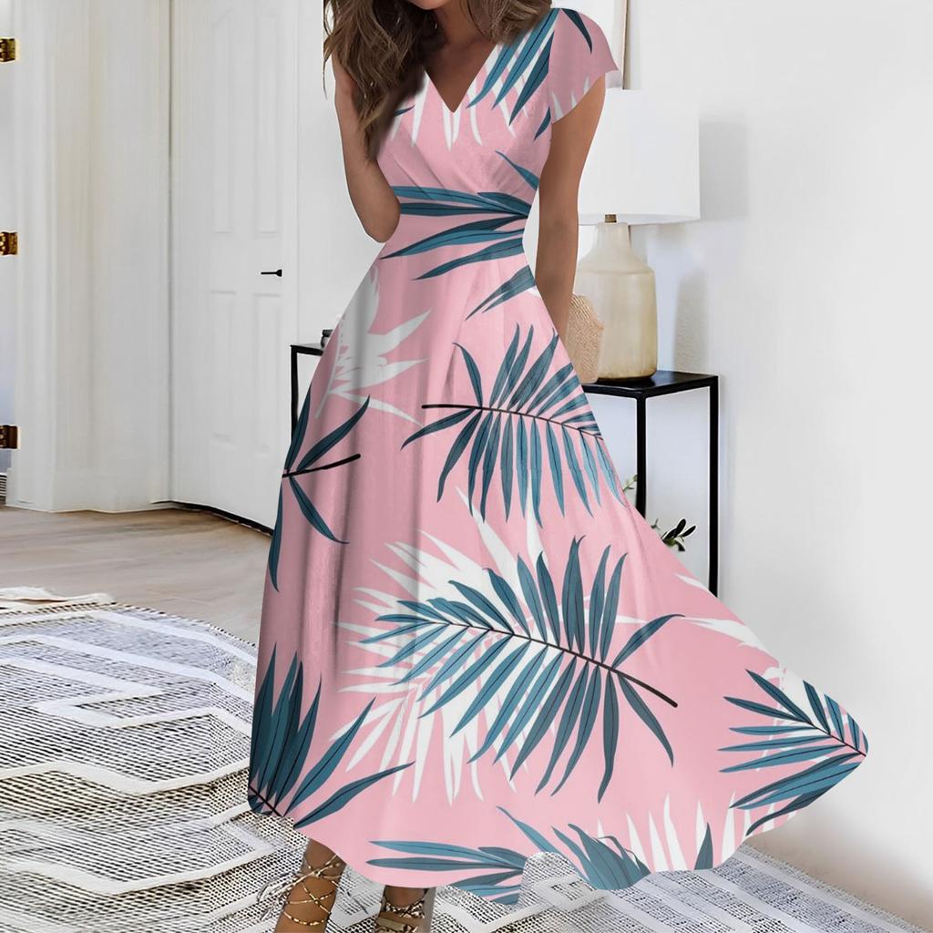 Women's Summer Leaf Floral Printed V-Neck Long Dress Dress