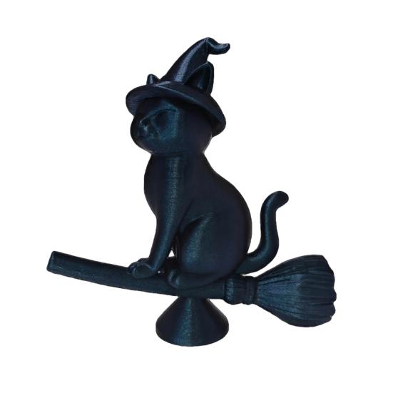 Matte Black Cat Sculpture Witch Figurine, Riding Broom Statue, 3D Printed Modern Decor Ornament, Collectible Desktop Decoration for Home Office